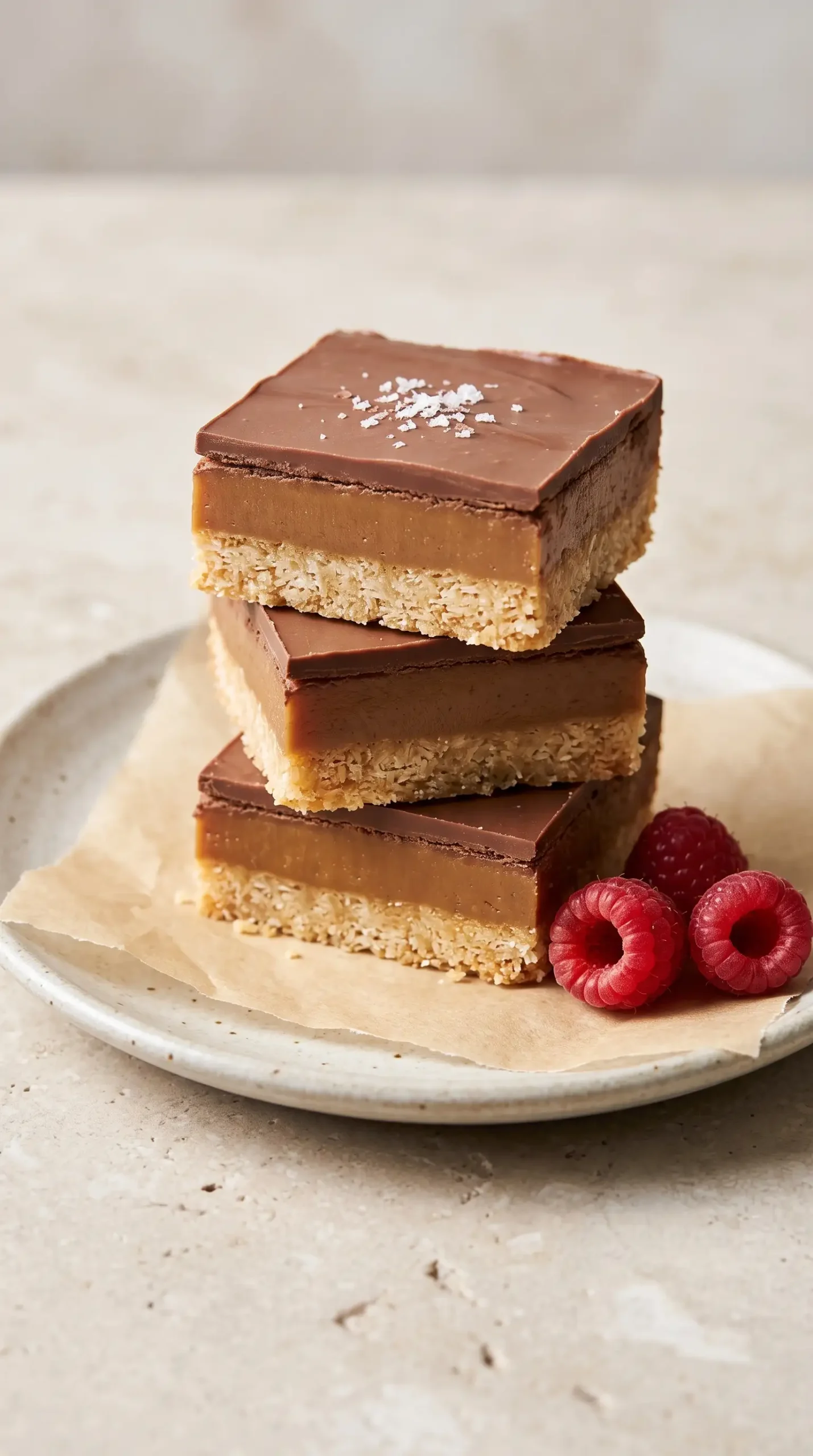 Milk chocolate dulce de leche bars showing coconut crust and caramel layers