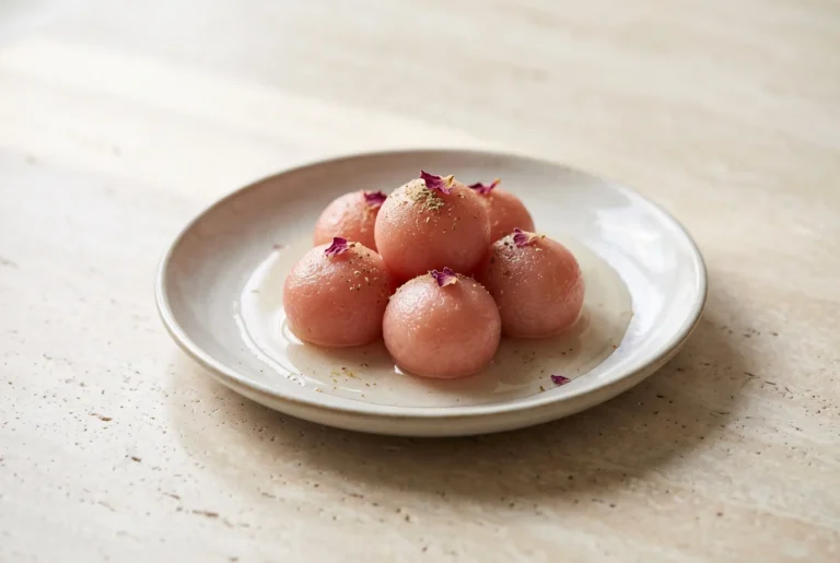 Rose ball milk powder jamun with rose water and cardamom served in syrup on a plate