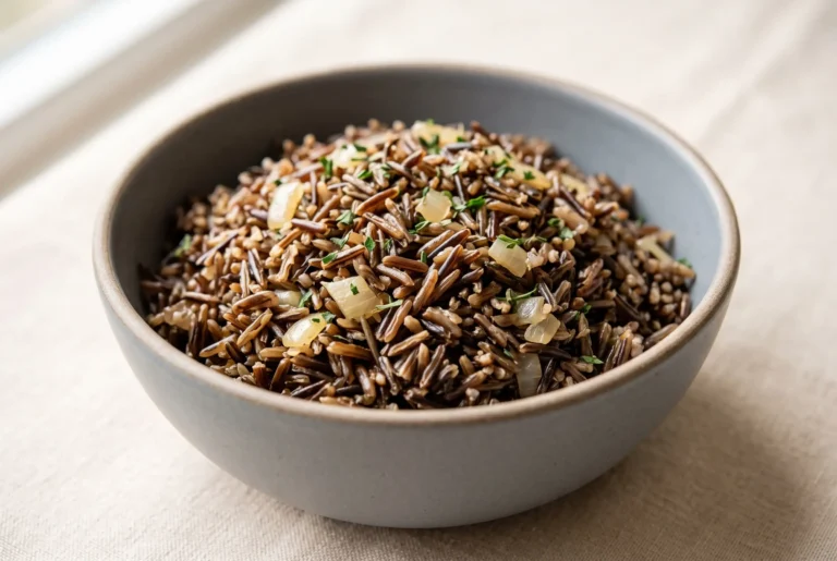 Bowl of Minnesota wild rice with dark grains, savory broth flavor, and tender onion pieces