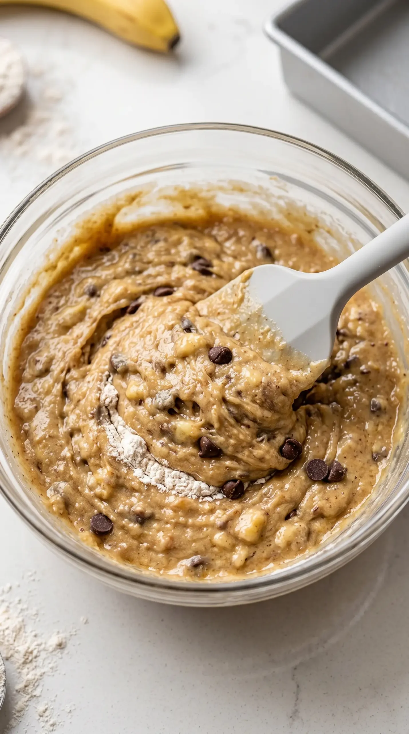 Banana bread batter being gently folded with mashed bananas and chocolate chips