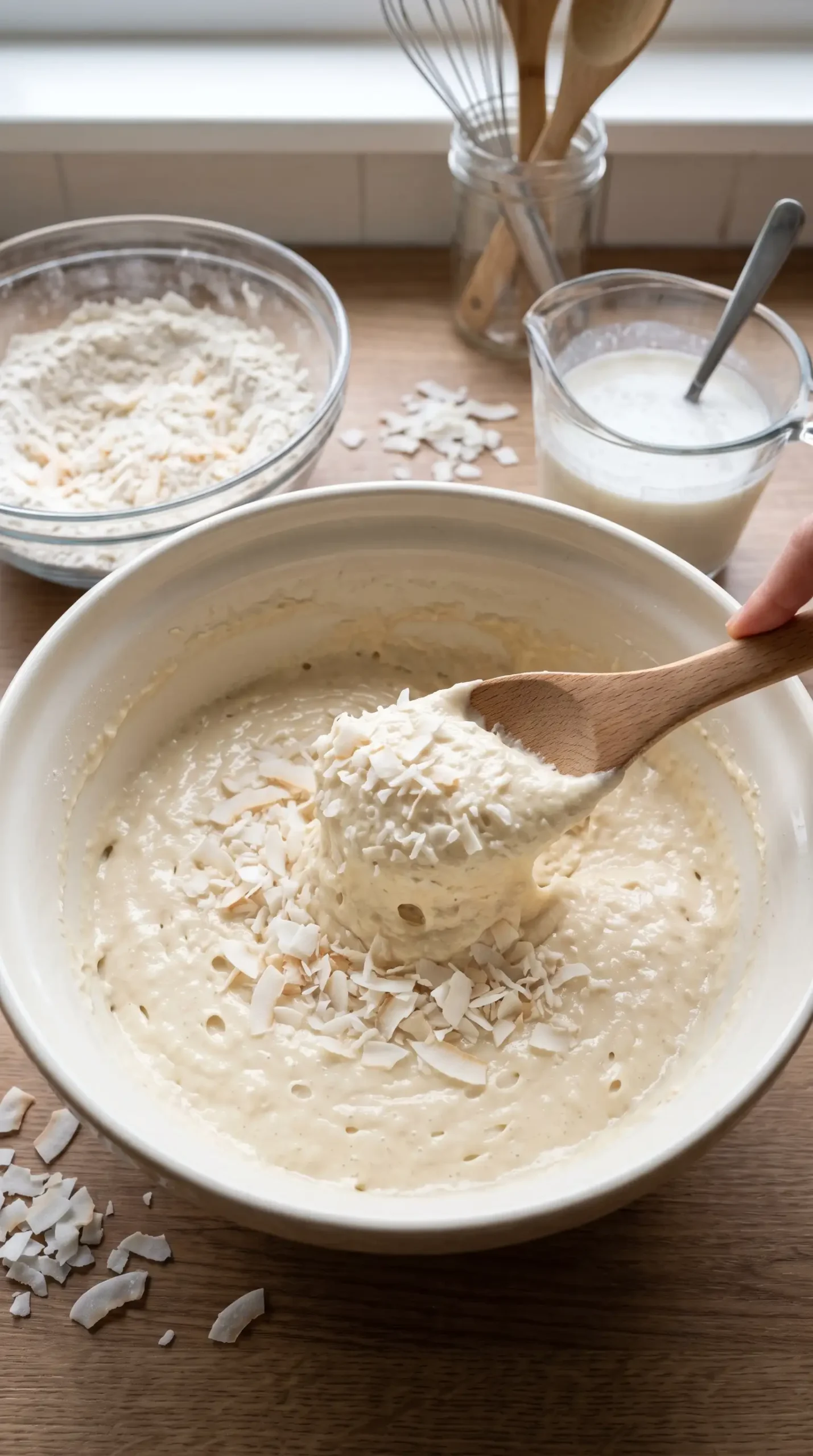 Coconut cake batter being folded with shredded coconut before baking