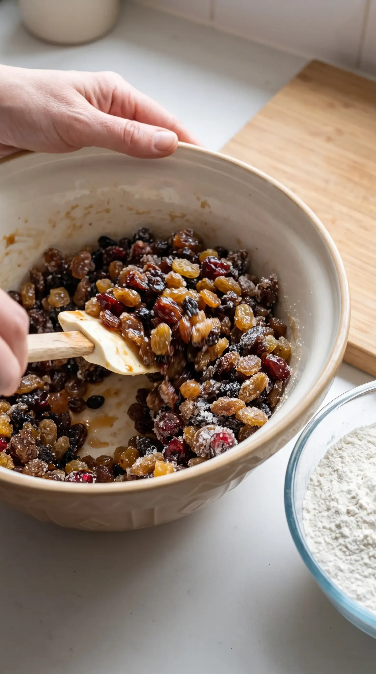 Bowl of dried fruit and sugar mixture being combined for fruit cake batter