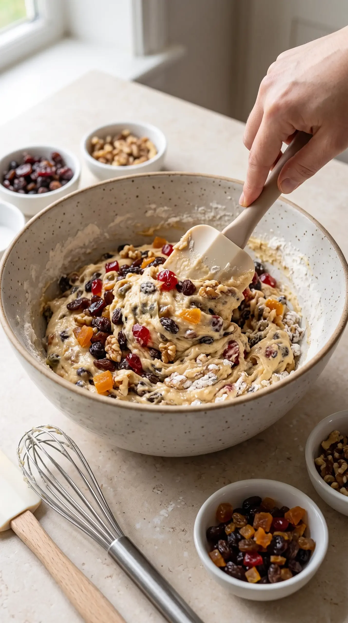 Mixing Fruit Loaf Batter Fruit loaf batter being mixed with dried fruits and nuts in a bowl