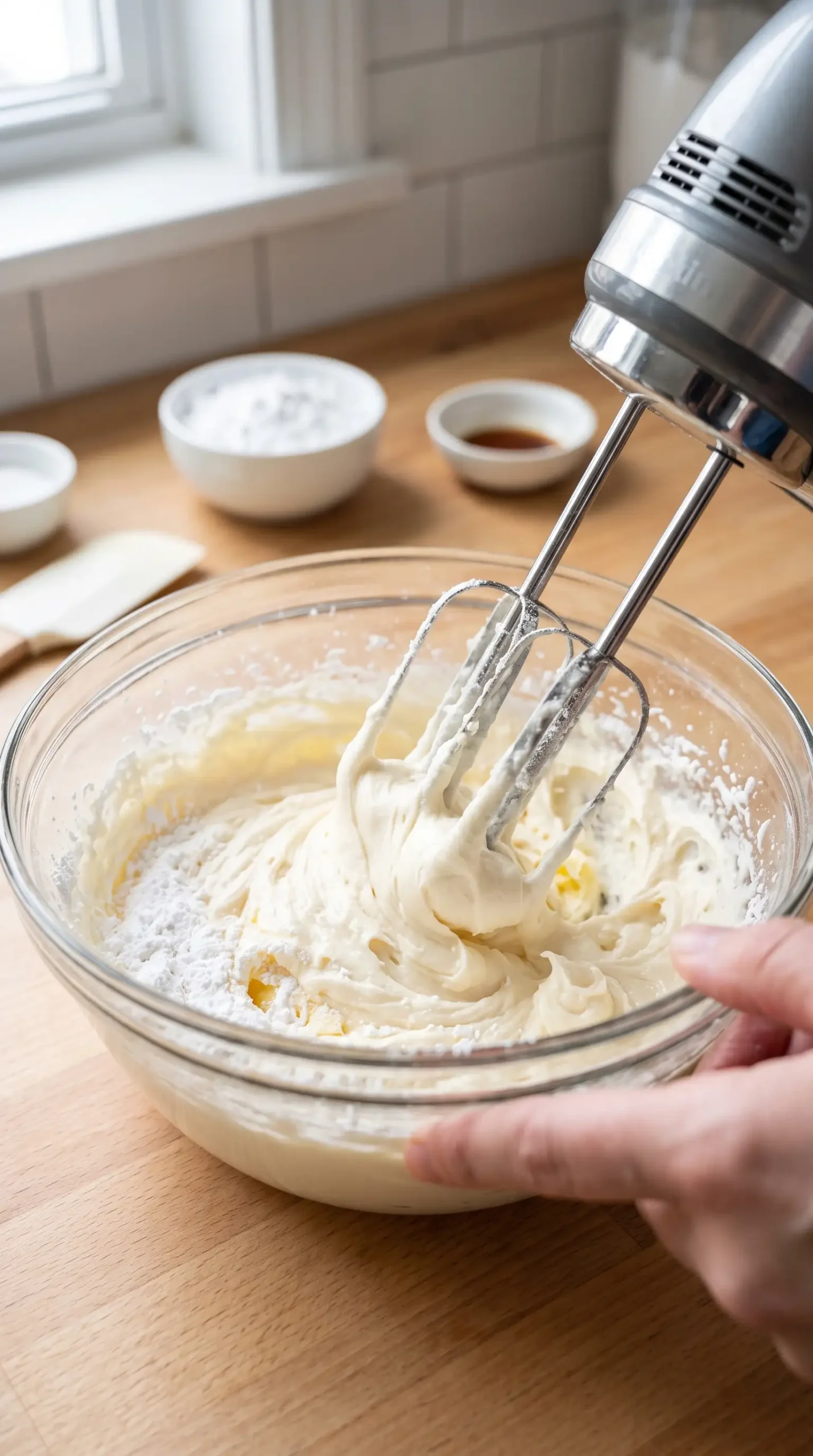 Butter and powdered sugar being mixed into smooth creamy frosting in a bowl