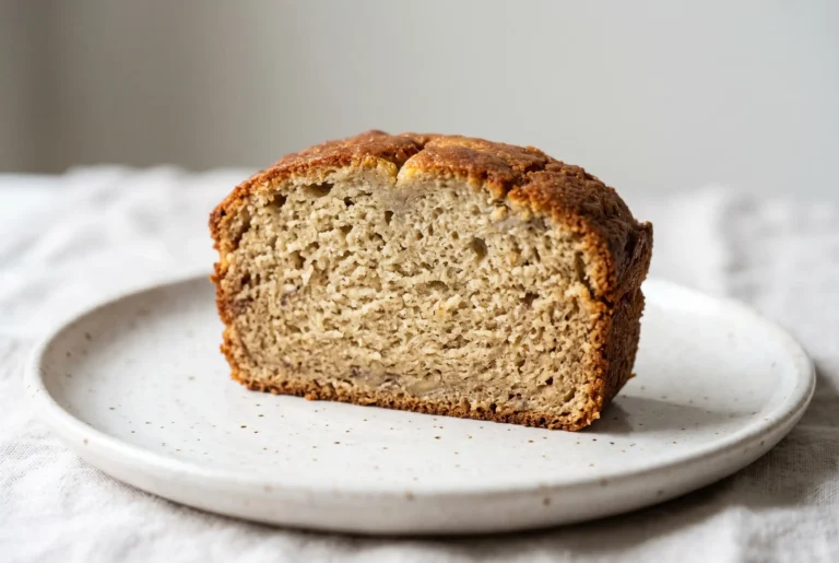 Slice of moist banana bread showing a soft crumb and golden-brown crust on a plate