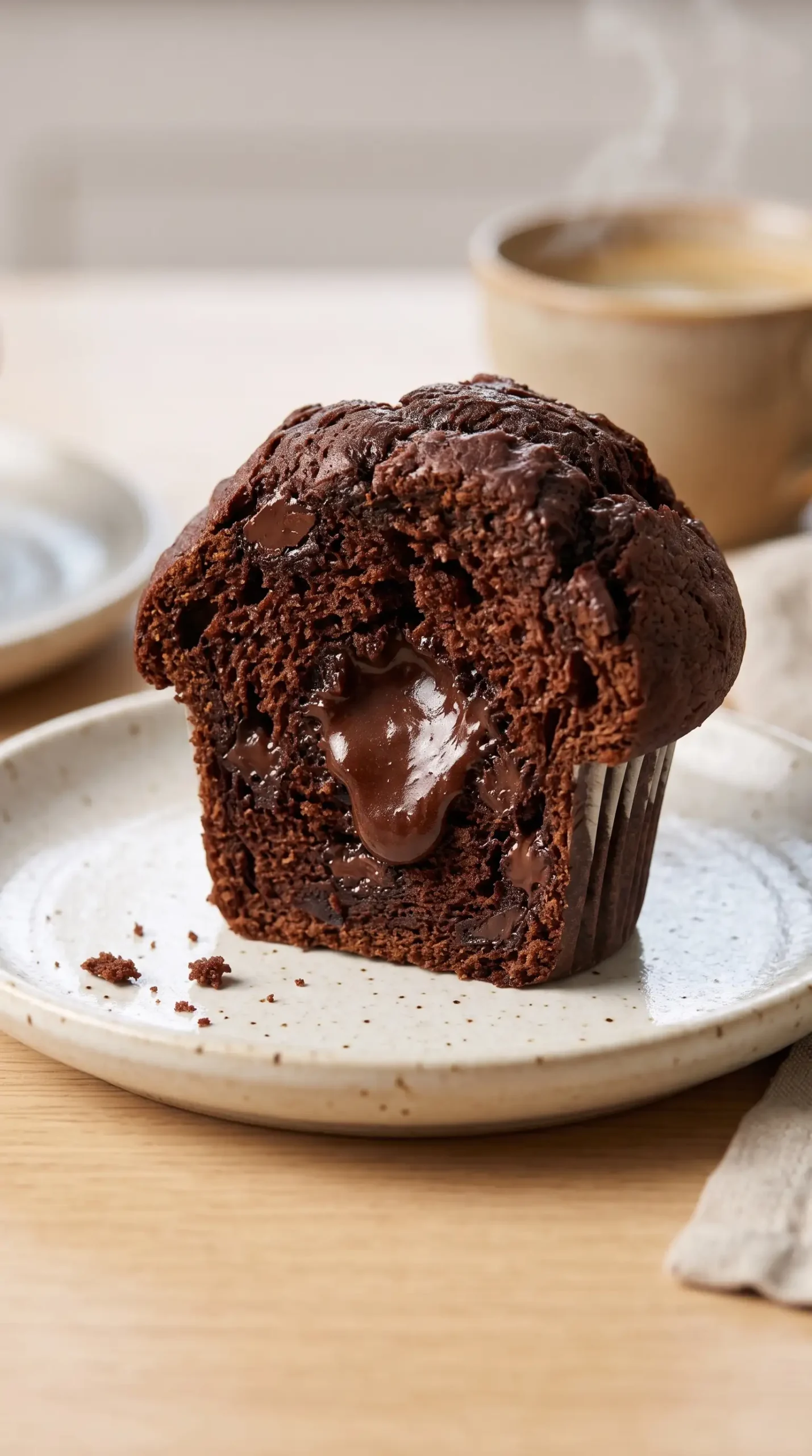 Finished chocolate muffin cut open to show a soft molten fudge center