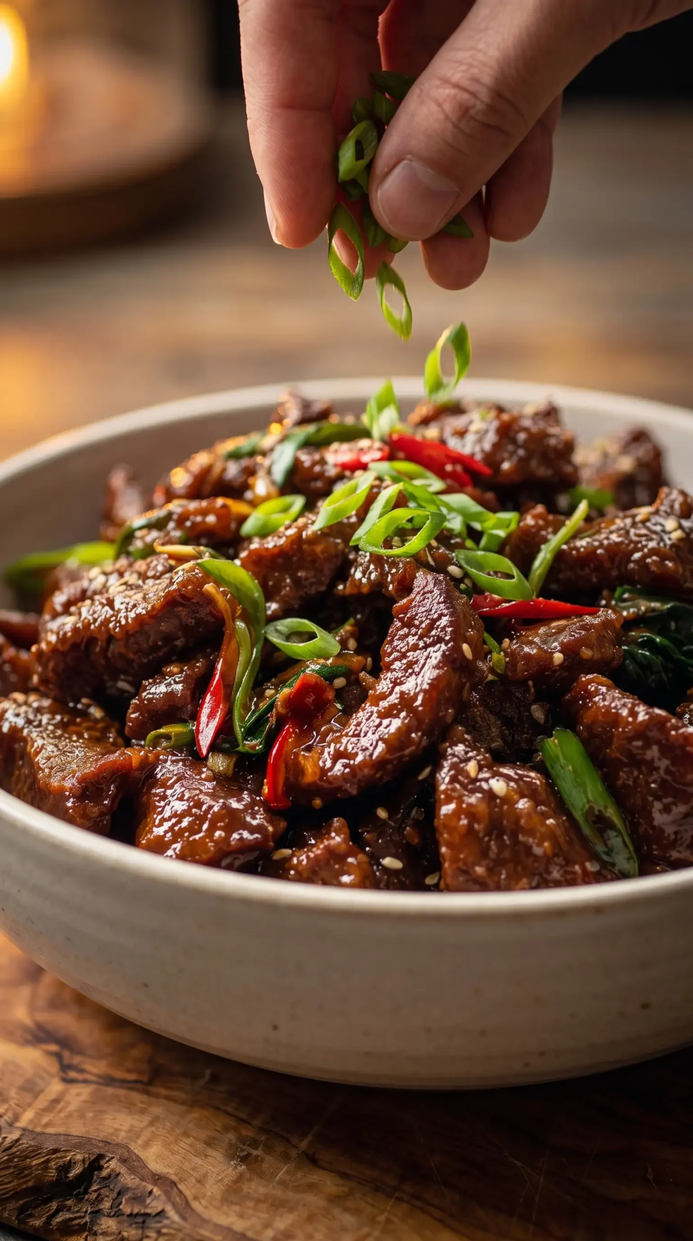 Crispy Mongolian beef topped with fresh green onions and glossy sauce