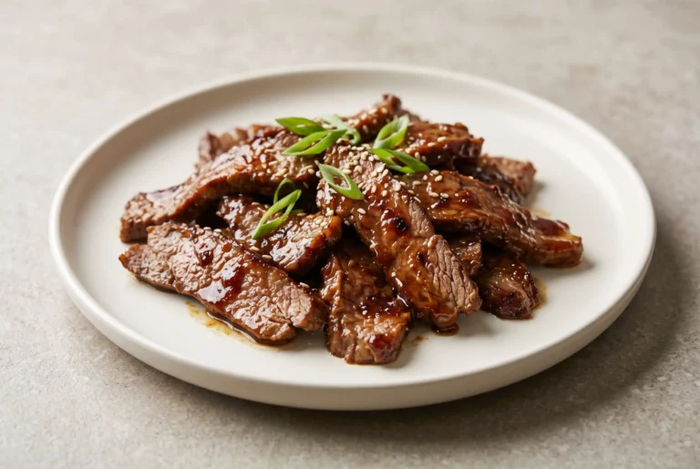 Mongolian beef recipe with crispy beef slices in glossy hoisin sauce