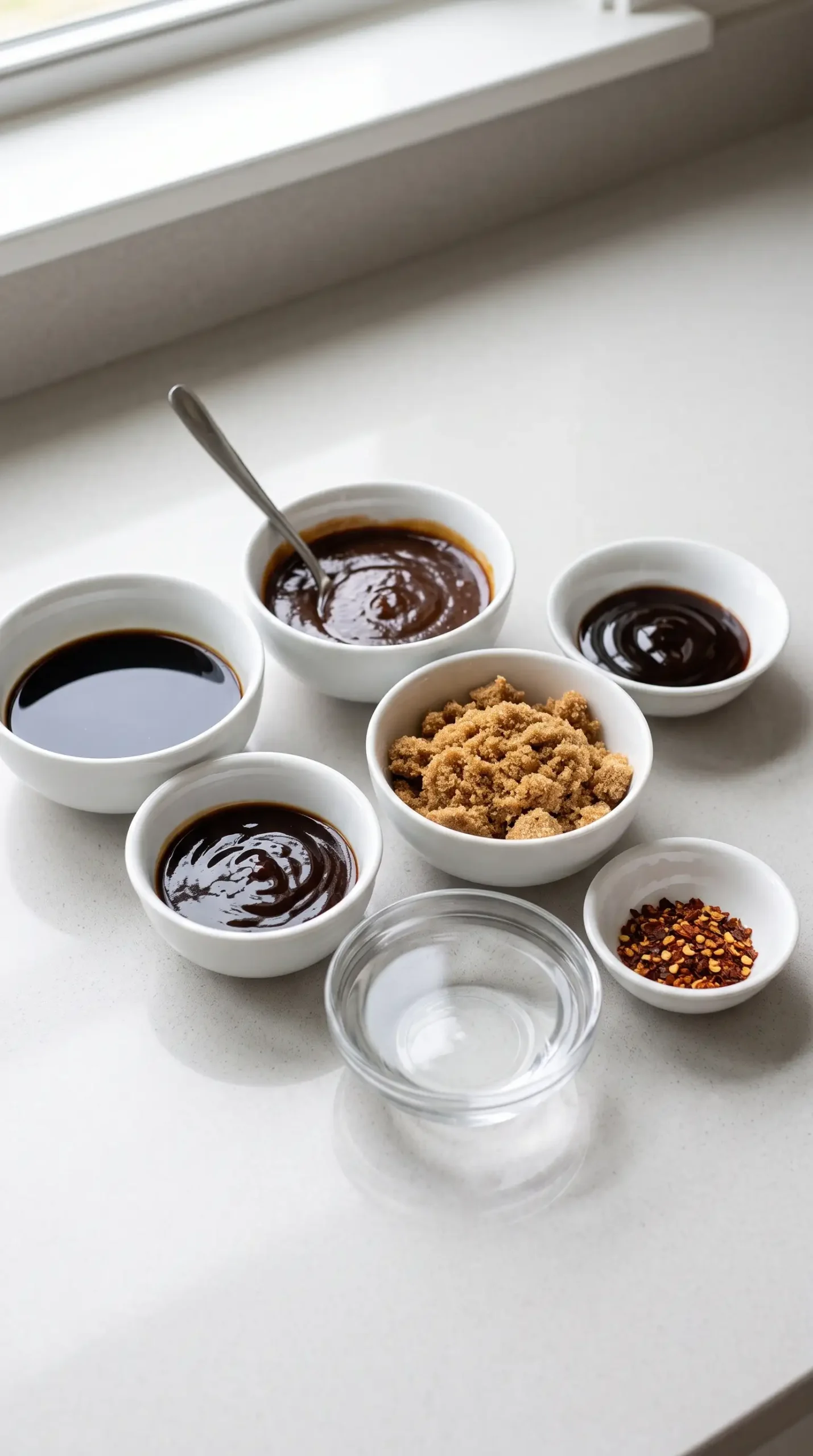 Soy, hoisin, oyster sauce, and brown sugar ingredients for Mongolian beef sauce
