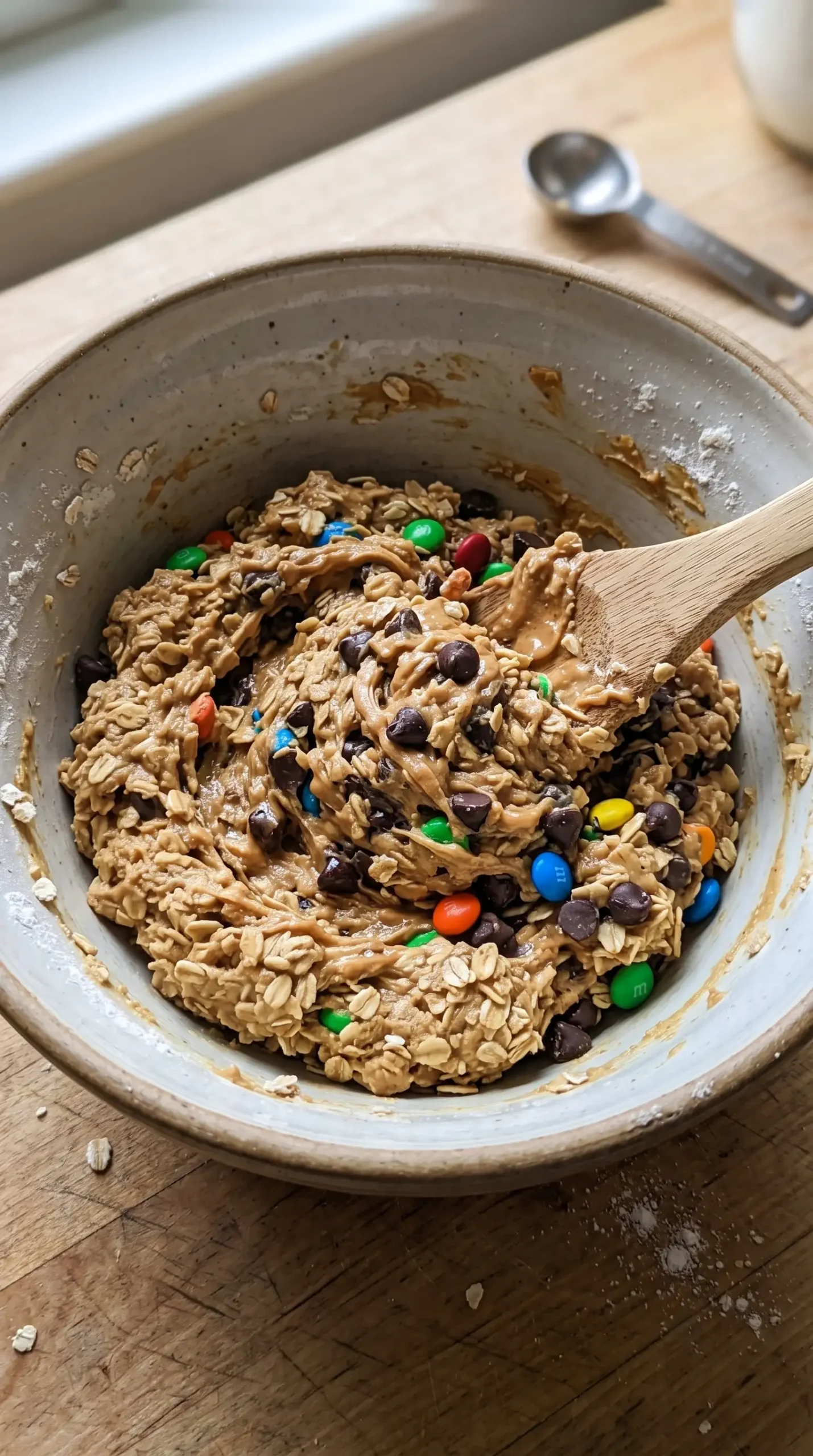 Professional food photography showing the preparation stage of Monster Cookies dough texture: a mixing bowl filled with thick peanut butter cookie dough as rolled oats, chocolate chips, and colorful M&M's are being folded in with a spatula. The dough should visibly contain the dense, chewy texture created by peanut butter and oats, with some candies and chips partially mixed throughout. Include the bowl and simple baking tools only, no finished cookies or serving setup. Close-up composition, natural kitchen lighting, realistic textures, documentary-style recipe process photography.