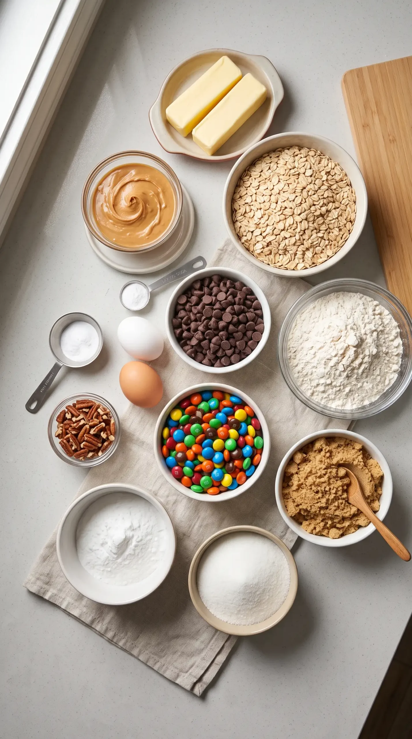 Professional food photography close-up of an organized ingredients board for Monster Cookies Peanut Butter Oatmeal Cookies with M&M'S, showing the exact baking components before preparation: creamy peanut butter in a small bowl, softened butter, rolled oats, flour, brown sugar, granulated sugar, eggs, chocolate chips, colorful M&M's candies, baking soda, and optional chopped nuts arranged neatly on a simple light-colored kitchen surface. Focus on the raw ingredients and their textures, not a finished cookie. Natural window lighting, realistic home baking environment, minimal props, accurate ingredient proportions, sharp detail, editorial recipe photography style.