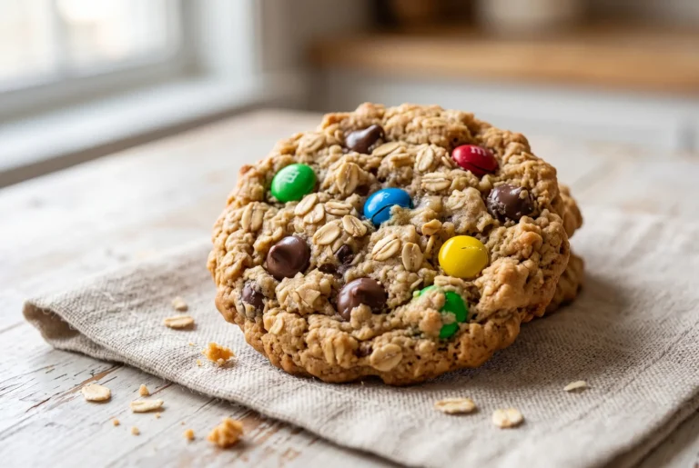 Monster cookie with peanut butter, oats, chocolate chips, and colorful M&M'S pieces