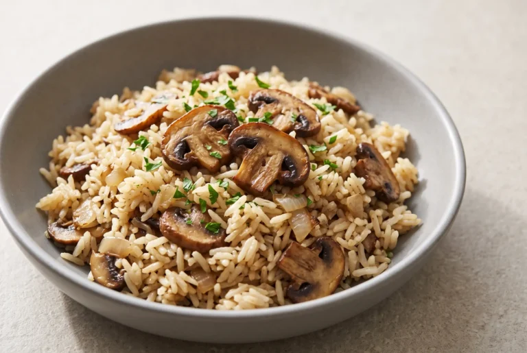 Bowl of mushroom rice with browned mushrooms, onion, garlic, and fluffy vegetable broth-cooked rice