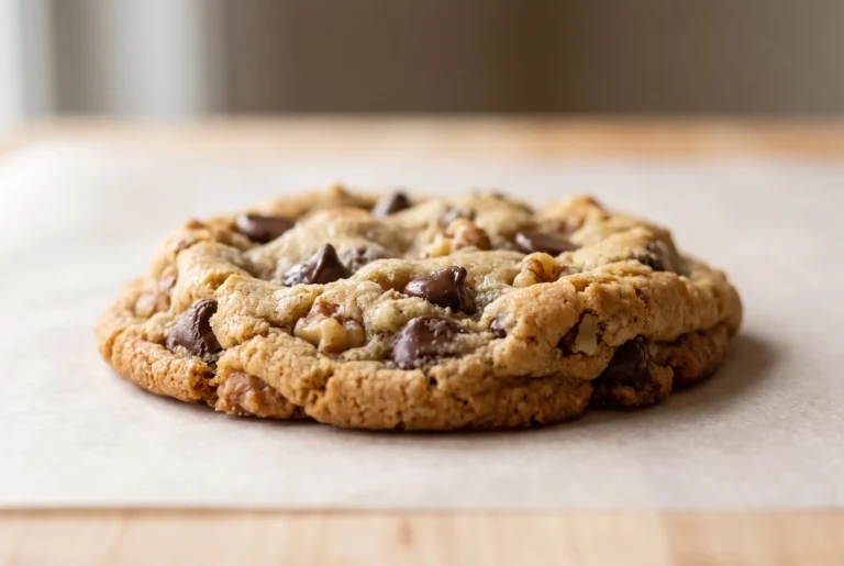 Nestlé Toll House chocolate chip cookie with nuts, golden edges, chocolate chips, and a chewy center