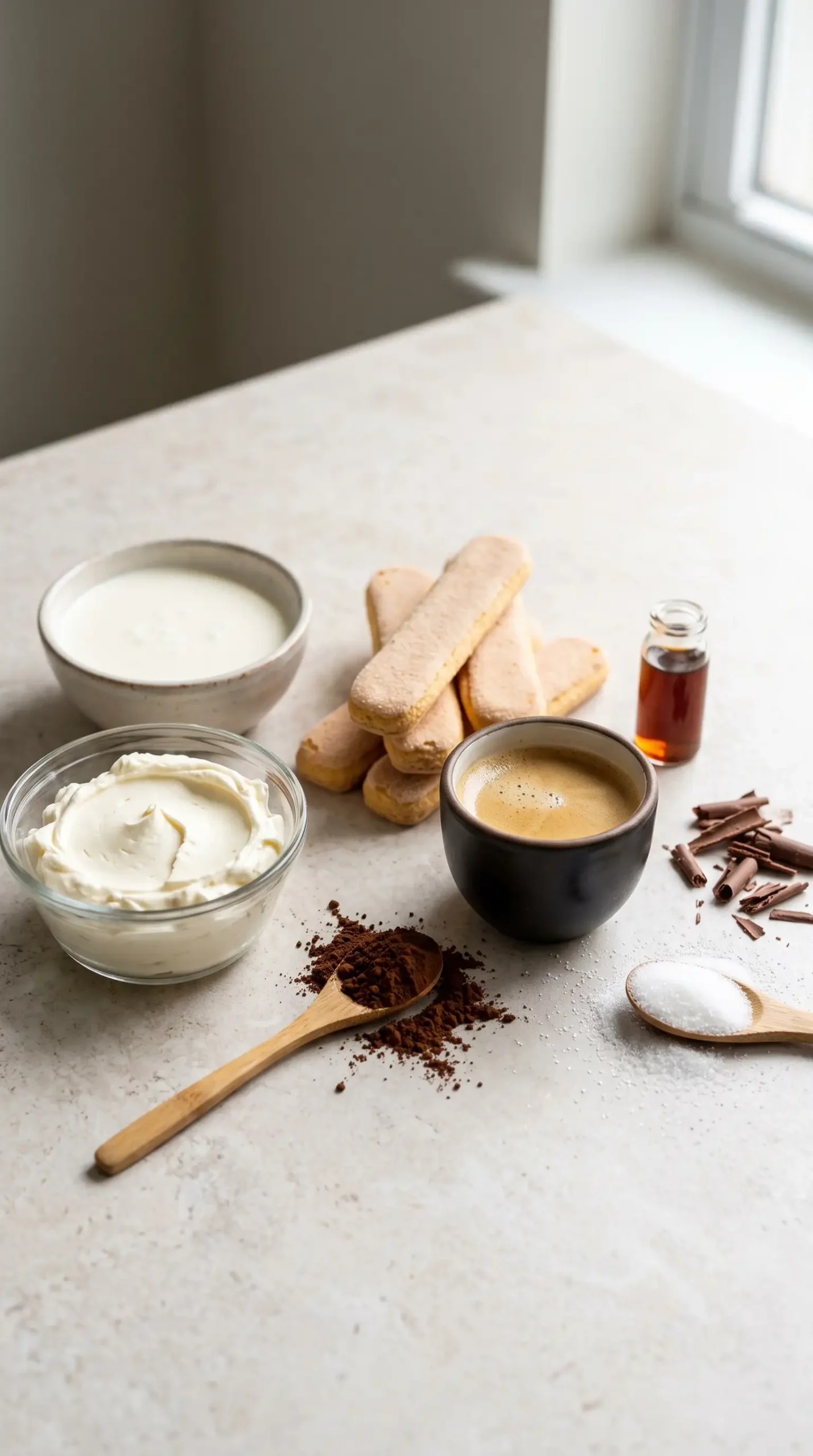 Mascarpone, cream, ladyfingers, espresso, cocoa, and sugar ingredients for tiramisu