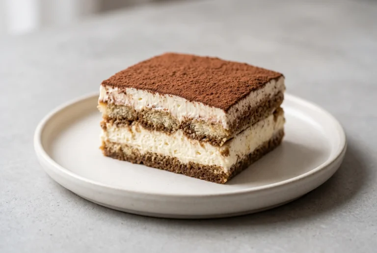 No bake tiramisu slice with mascarpone cream, coffee layers, ladyfingers, and cocoa topping