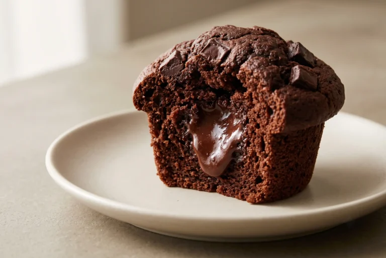 Olympic Village chocolate muffin with a molten chocolate center and dark chocolate crumb