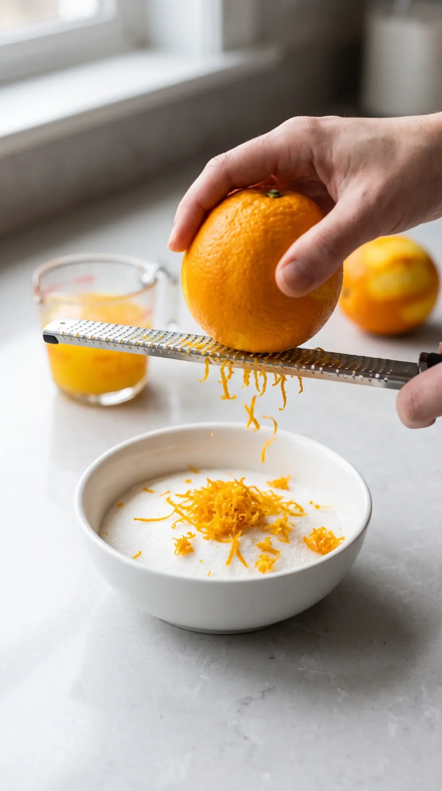 Orange Zest and Juice Preparation Fresh orange zest grated into sugar beside orange juice on a pale stone countertop