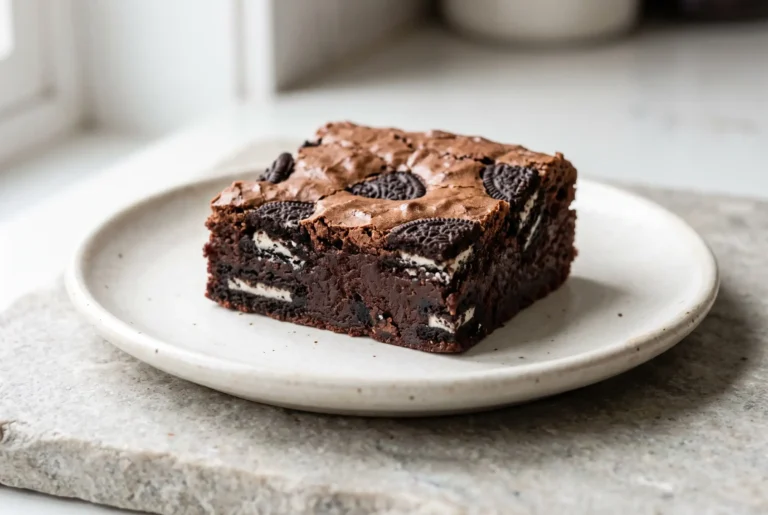 Oreo brownie square with fudgy chocolate center and visible Oreo pieces on a plate