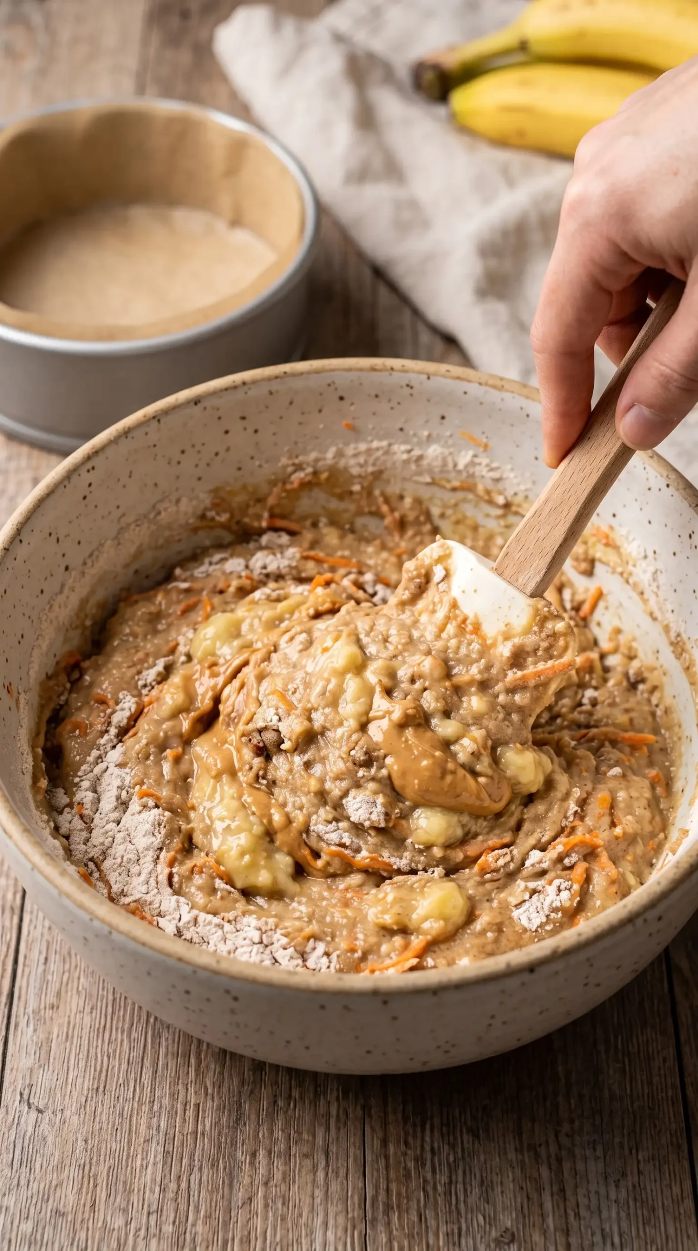 Peanut banana dog cake batter with carrots being gently mixed before baking