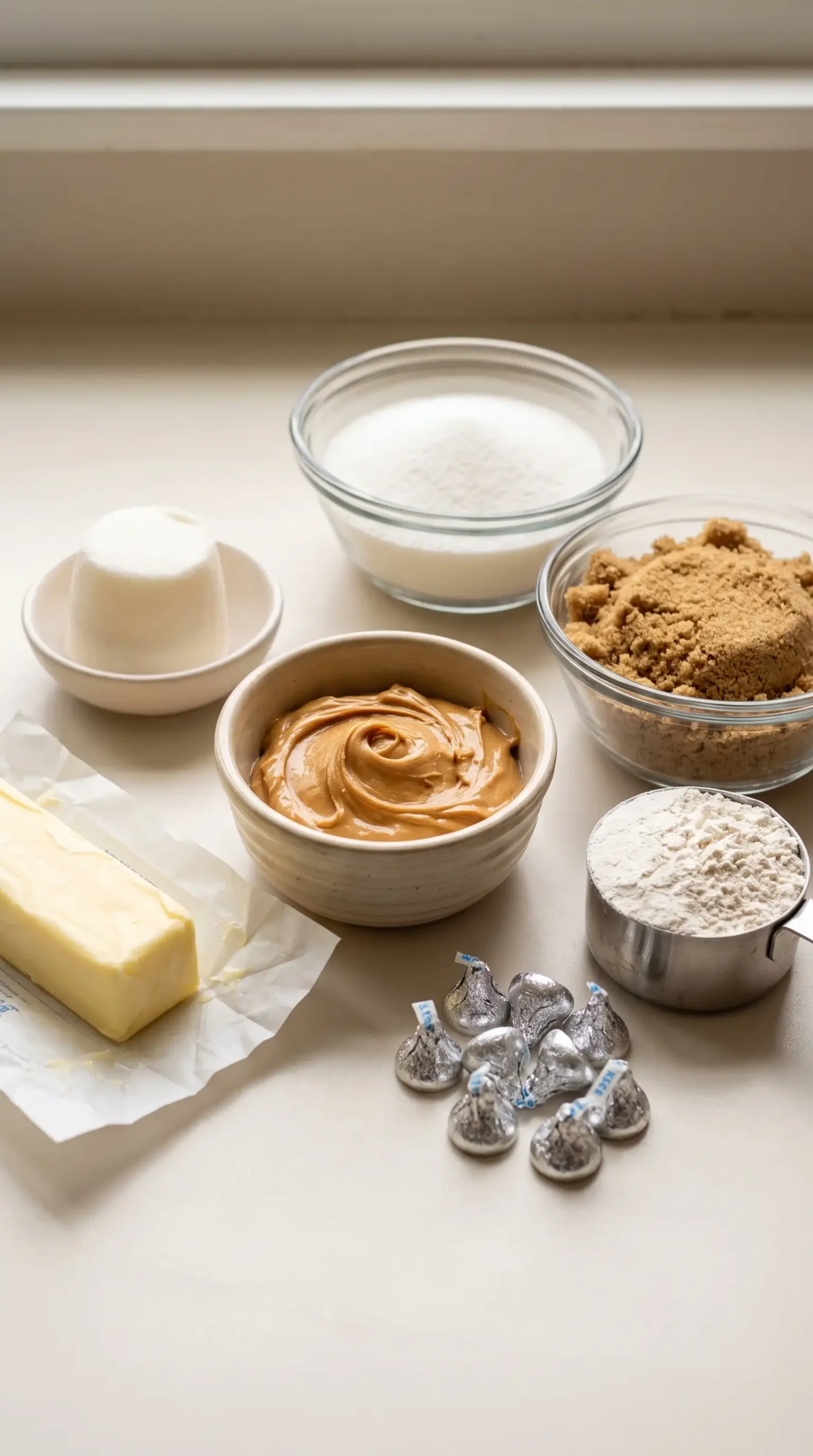 Ingredients for peanut butter blossoms with peanut butter, sugars, flour, butter, and chocolate candies
