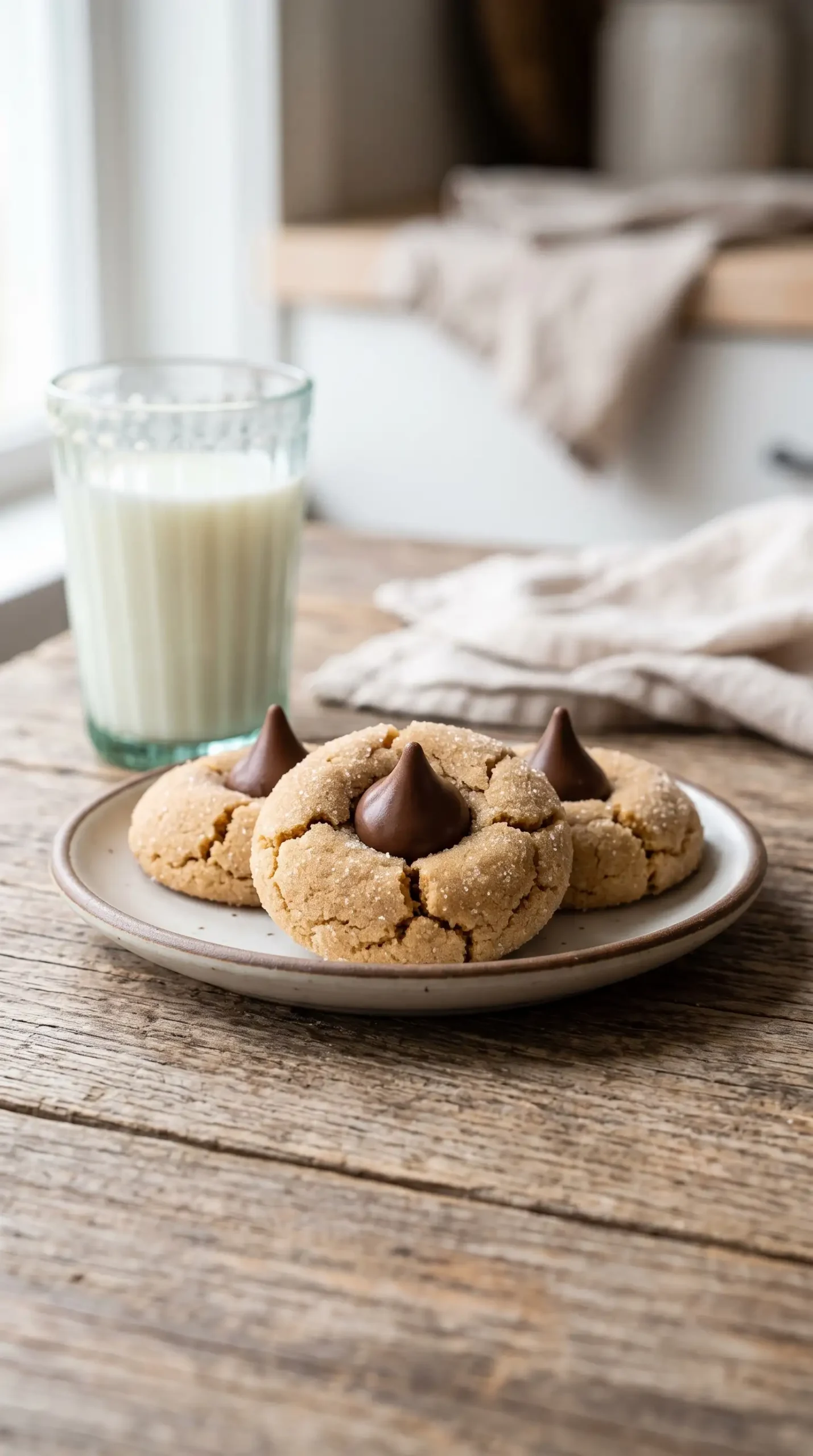 Plate of peanut butter blossom cookies with chocolate centers served with milk