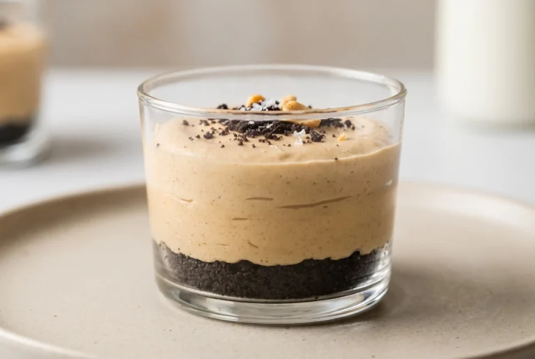 Peanut butter pie shooter with Oreo crust and creamy layered filling in a clear dessert cup