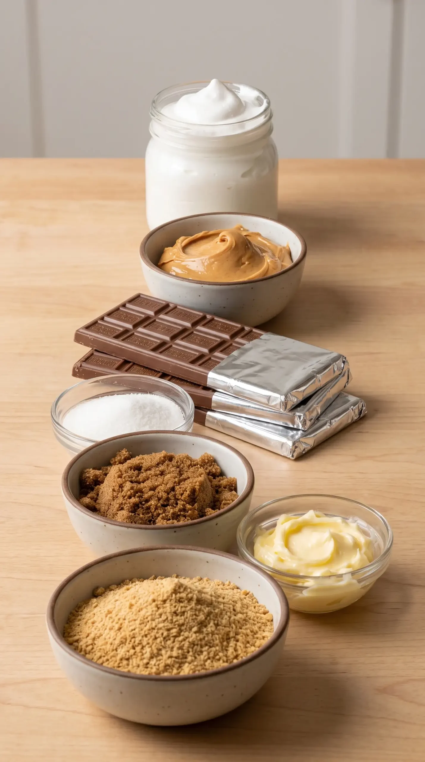 Ingredients for peanut butter s mores bars including graham crumbs, peanut butter, chocolate, and marshmallow cream