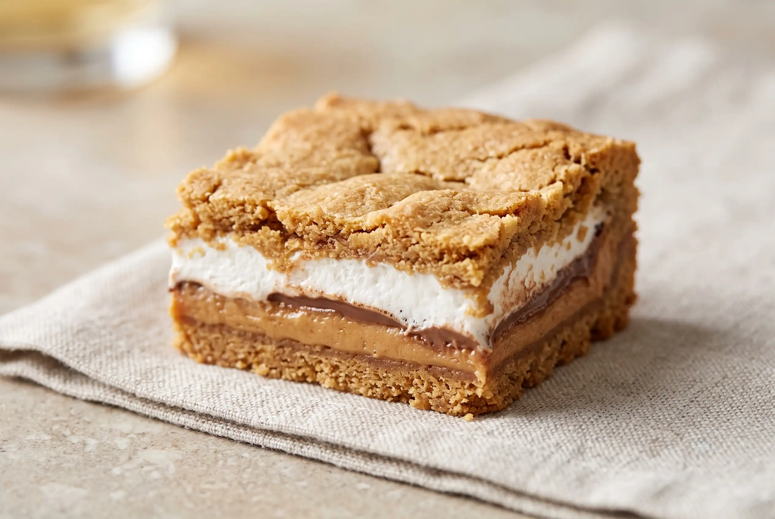 Single peanut butter s mores bar with graham cracker dough layers and chocolate marshmallow filling
