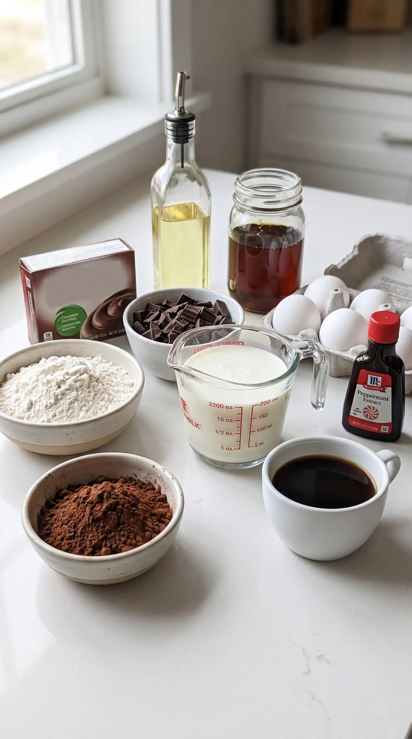 Ingredients for peppermint fudge cake including cocoa, chocolate, flour, coffee, and peppermint extract