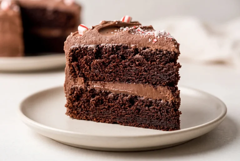 Slice of peppermint fudge cake with chocolate layers, peppermint ganache filling, and frosting