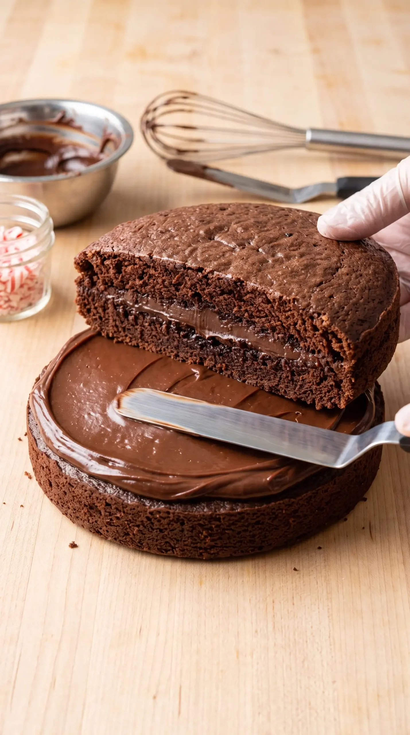 Chocolate cake layers stacked with peppermint ganache filling during assembly