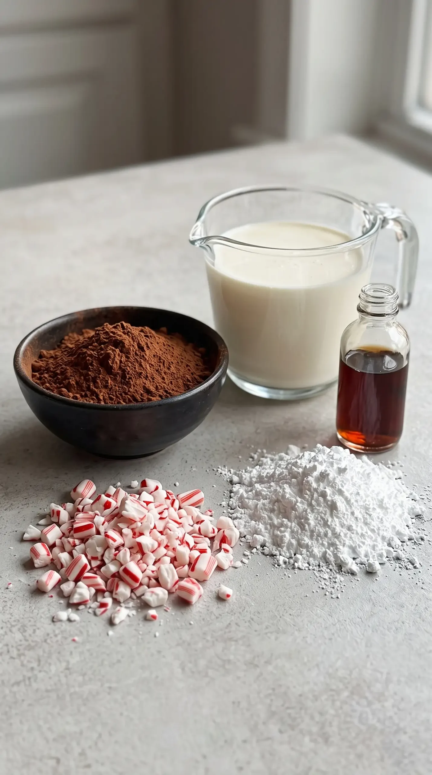 Professional food photography close-up of the key ingredients for a Christmas Peppermint Roll with Chocolate Sponge Cake arranged as one organized ingredient scene, not a finished dessert. Show unsweetened cocoa powder in a small bowl, cold heavy cream in a clear bowl or measuring cup, peppermint extract bottle, confectioners' sugar, and crushed peppermint candies grouped neatly on a simple light-colored kitchen surface. Include realistic textures such as fine cocoa powder, powdered sugar, and peppermint candy pieces. Natural soft window lighting, minimal props, realistic home baking preparation style, sharp focus on the ingredients.