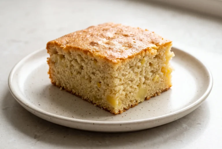 Slice of pineapple cake with crushed pineapple pieces and a soft golden crumb