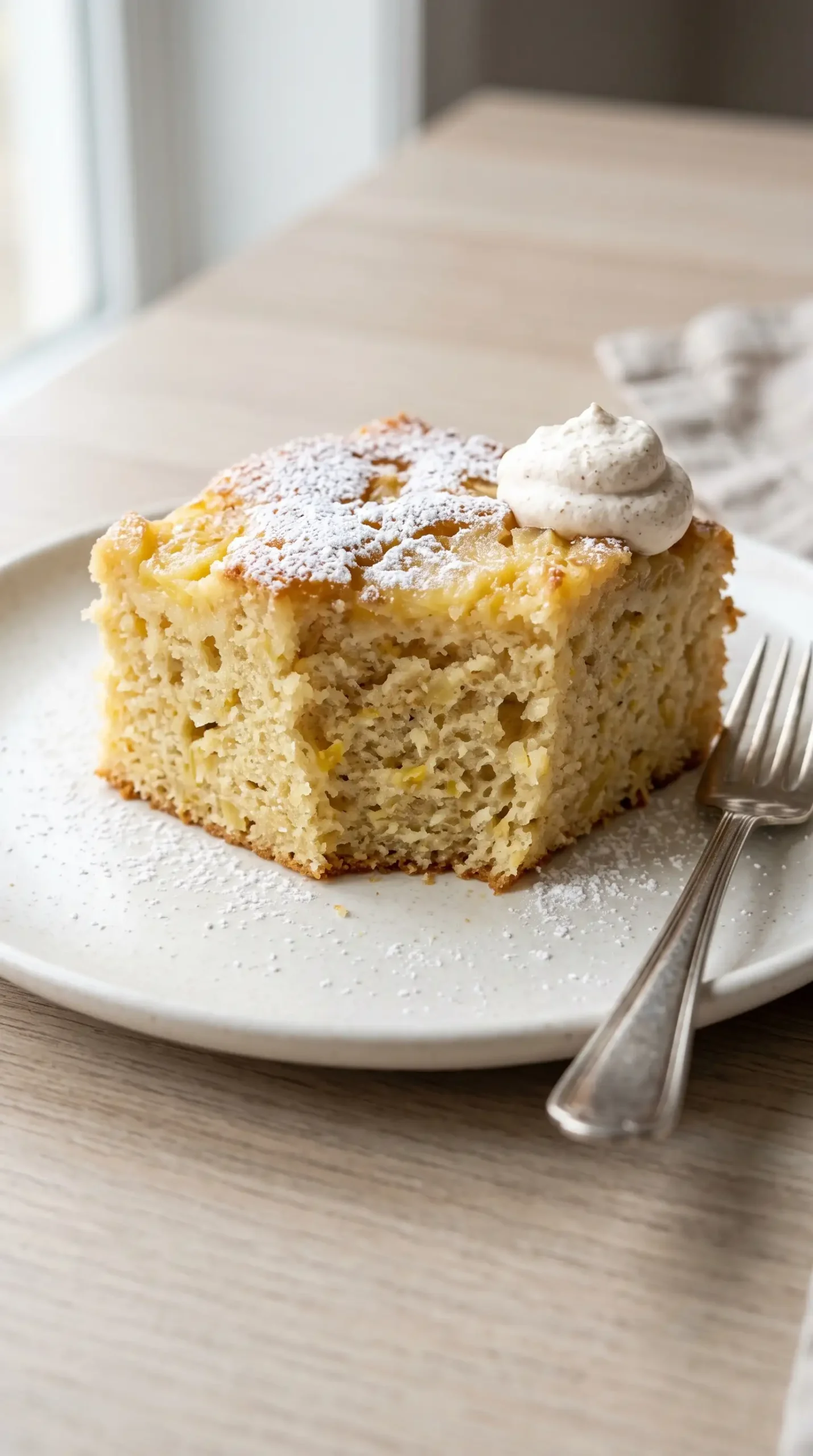 Pineapple cake square served with powdered sugar and whipped cream