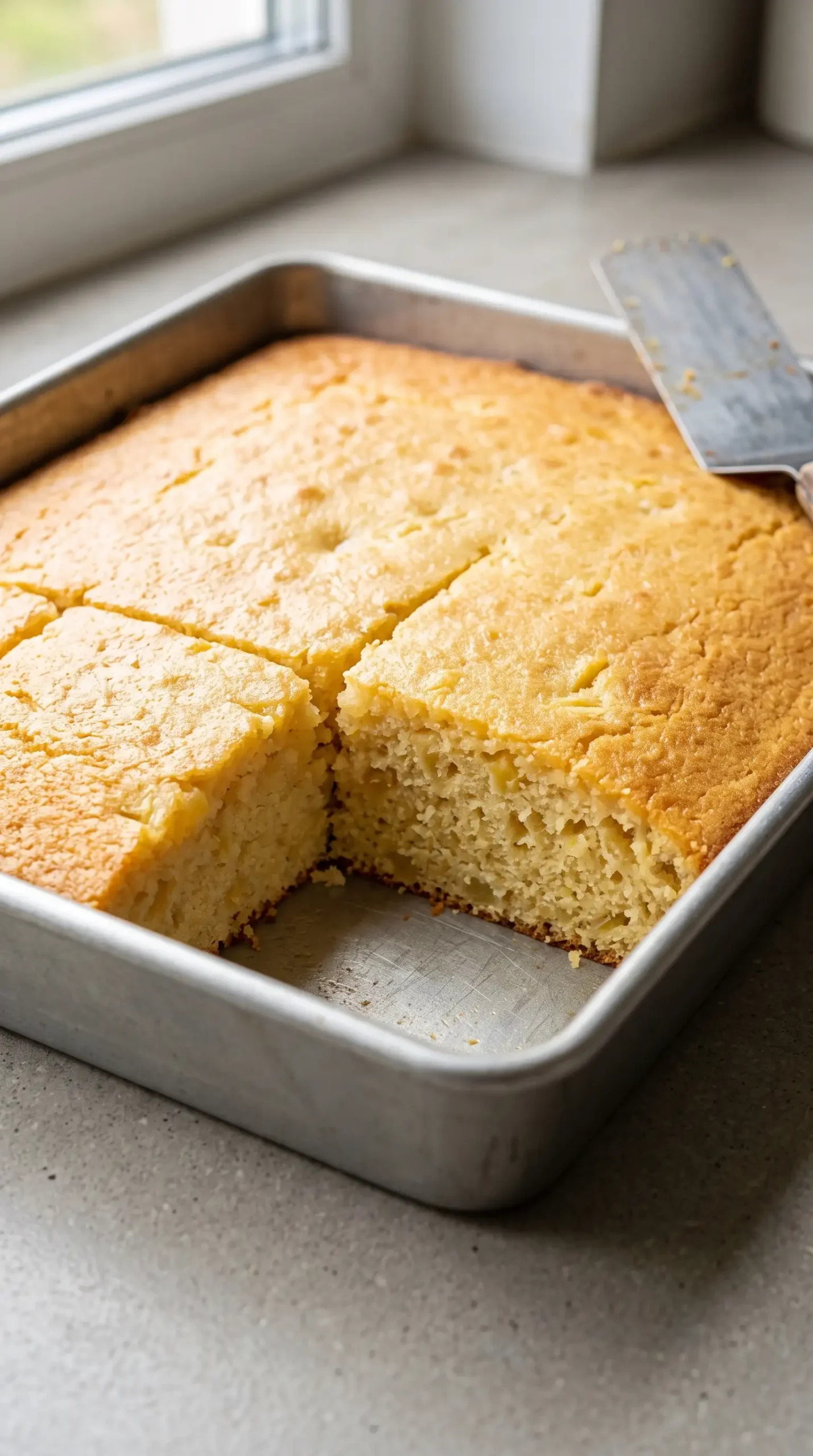 Pineapple cake tray bake in a pan with golden surface and visible fruit pieces