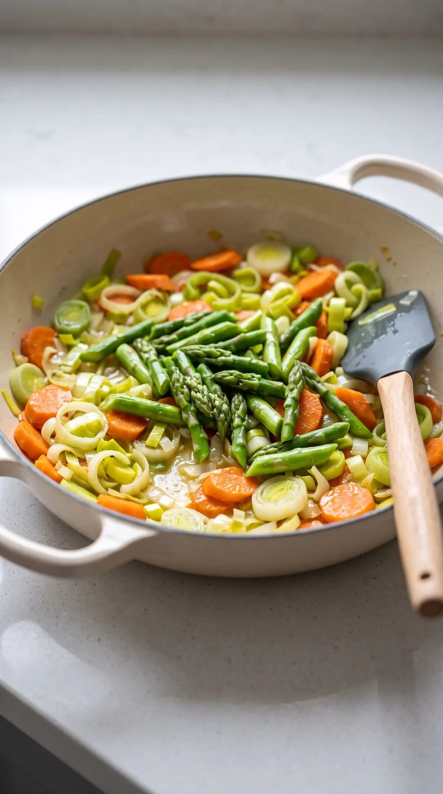 Sautéed leeks, carrots, and asparagus prepared for chicken pot pie filling