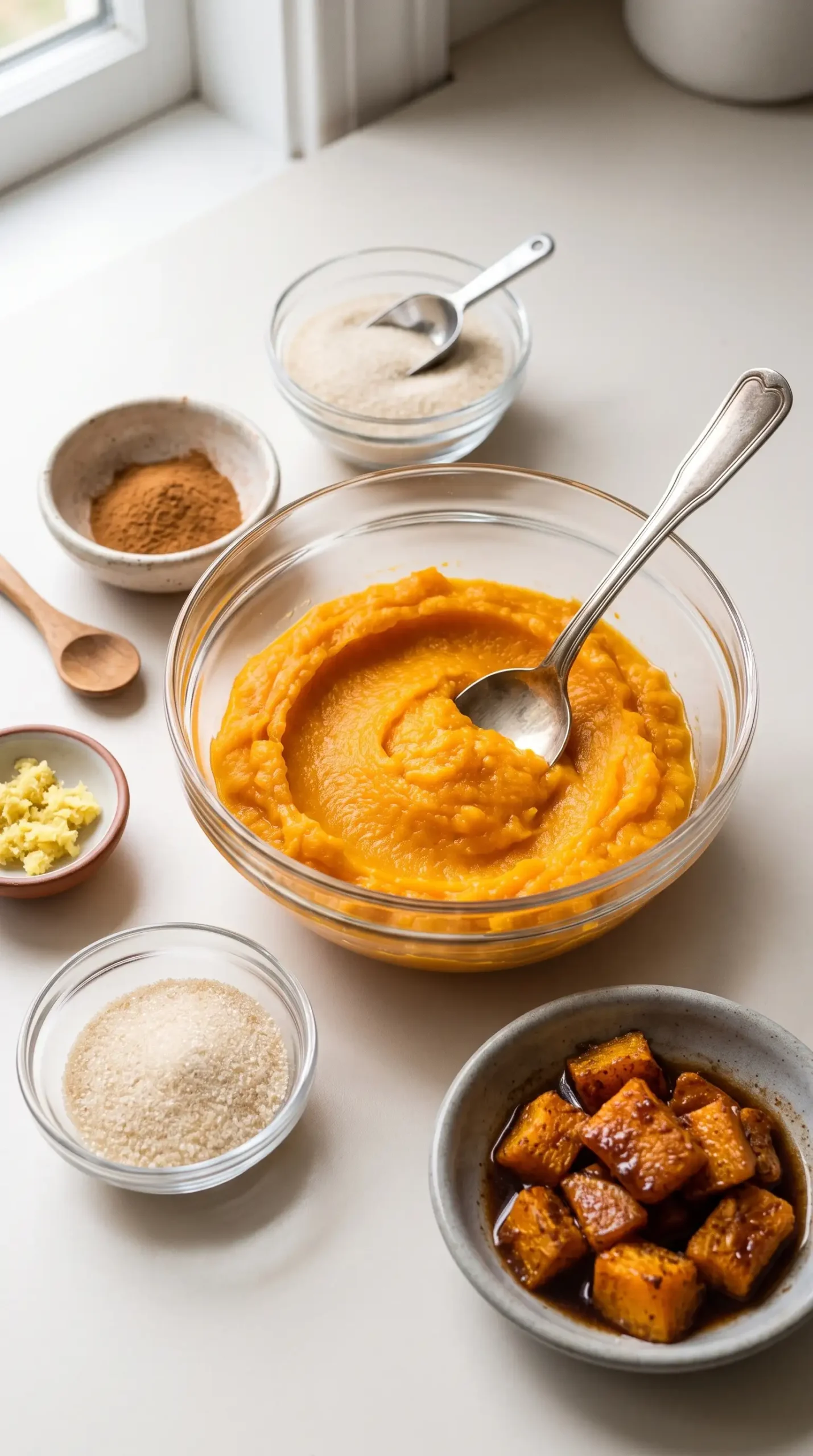 Mashed butternut squash with cinnamon and spices prepared for pancake batter
