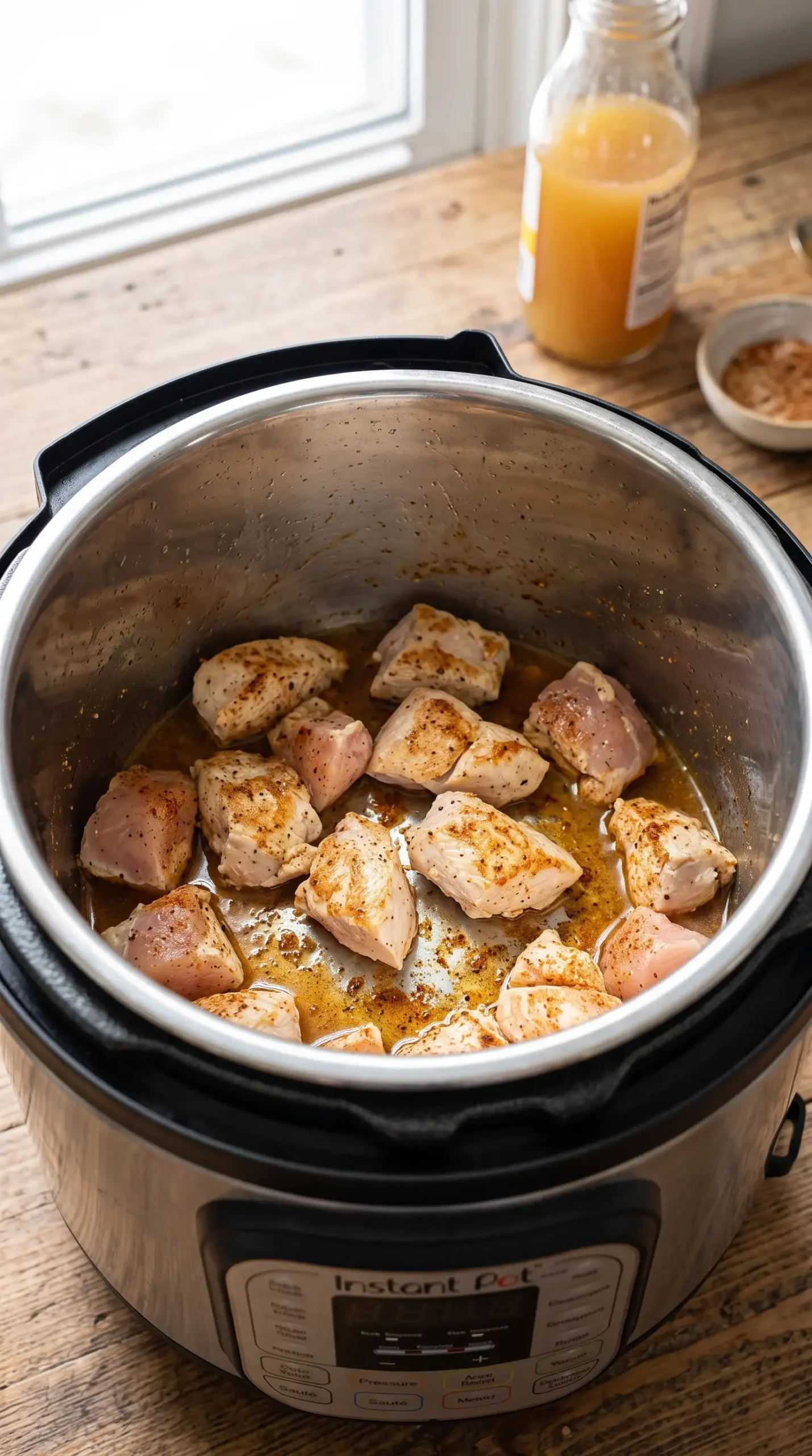 Seasoned chicken browning in an open pressure cooker before shredding