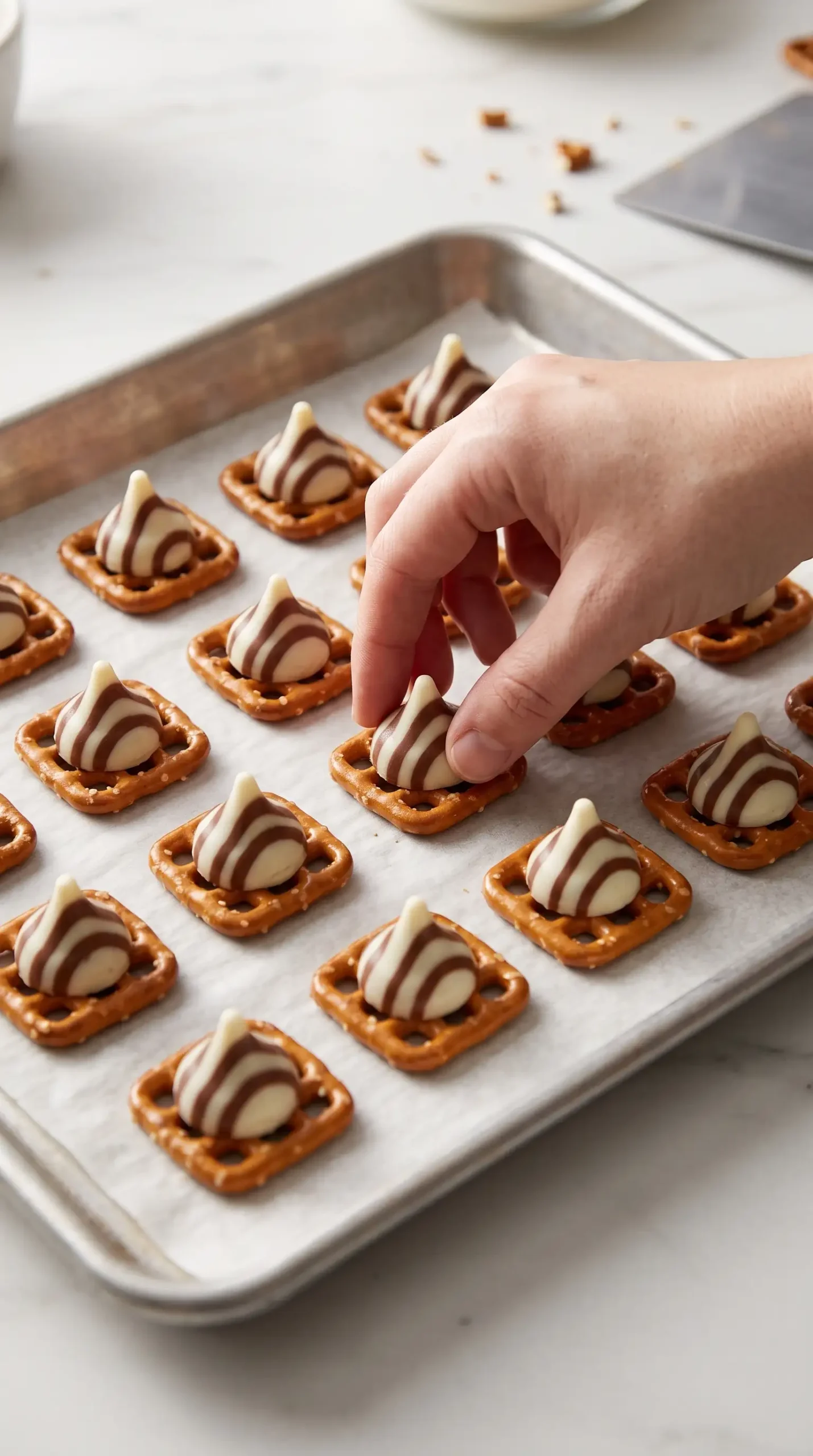 Waffle pretzels arranged with chocolate Hugs on a parchment-lined baking sheet