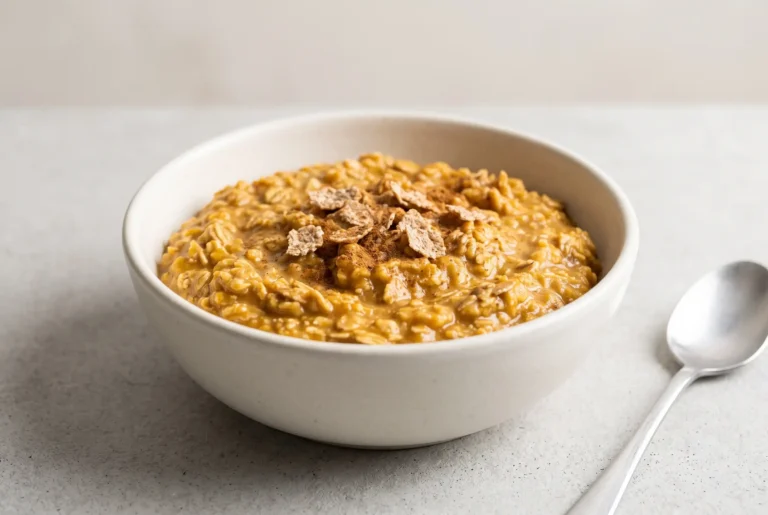 Pumpkin oatmeal with egg whites and bran cereal in a ceramic breakfast bowl