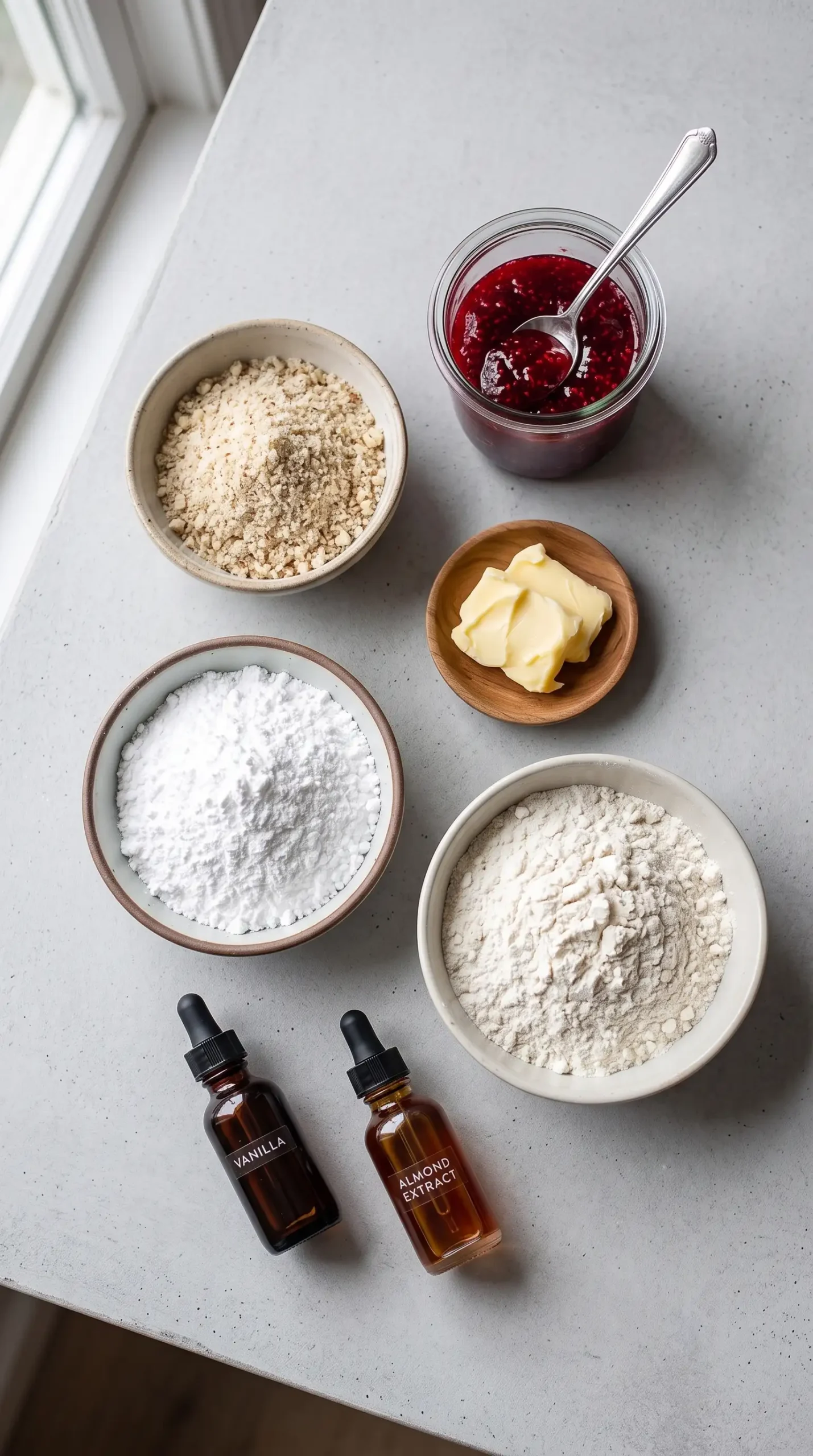 Ingredients for raspberry almond snowball cookies including almonds, raspberry jam, butter, sugar, and flour