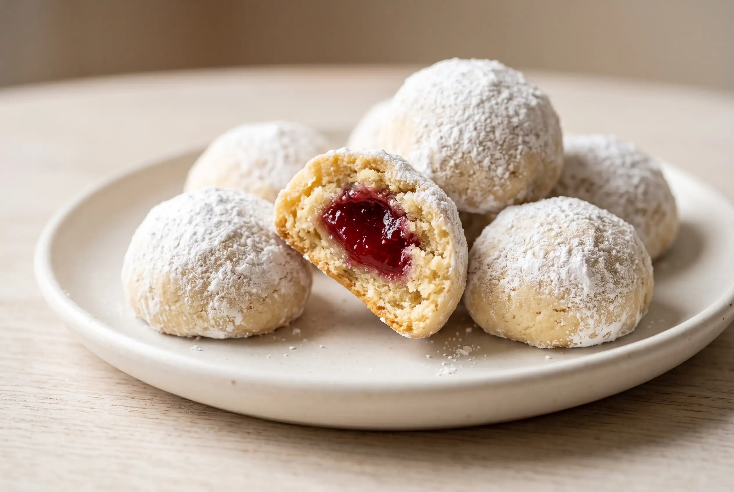 Raspberry Almond Snowball Cookies Raspberry almond snowball cookies with powdered sugar coating and raspberry jam center on a plate