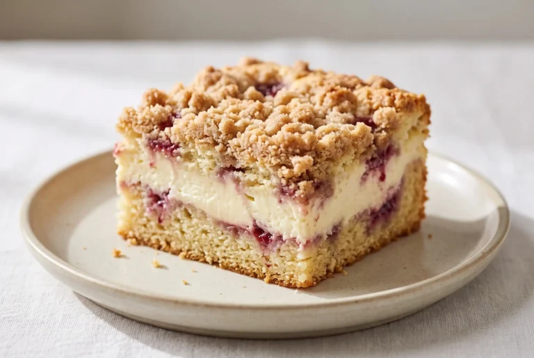Raspberry cream cheese coffee cake slice with raspberry jam, cream cheese layer, and streusel topping