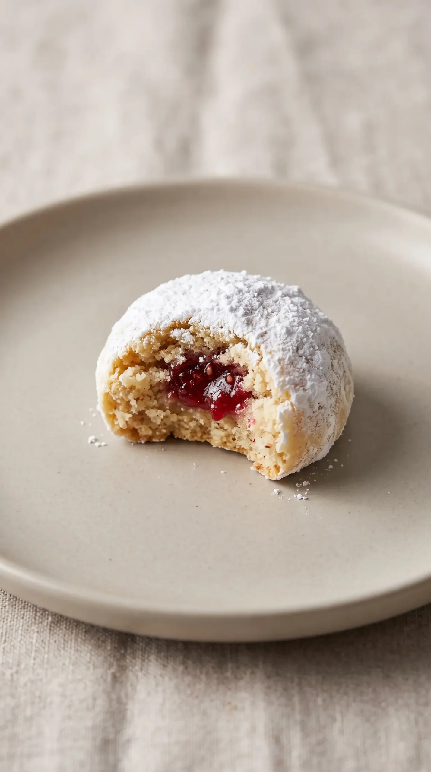 Broken raspberry almond snowball cookie showing a jam-filled center and powdered sugar coating