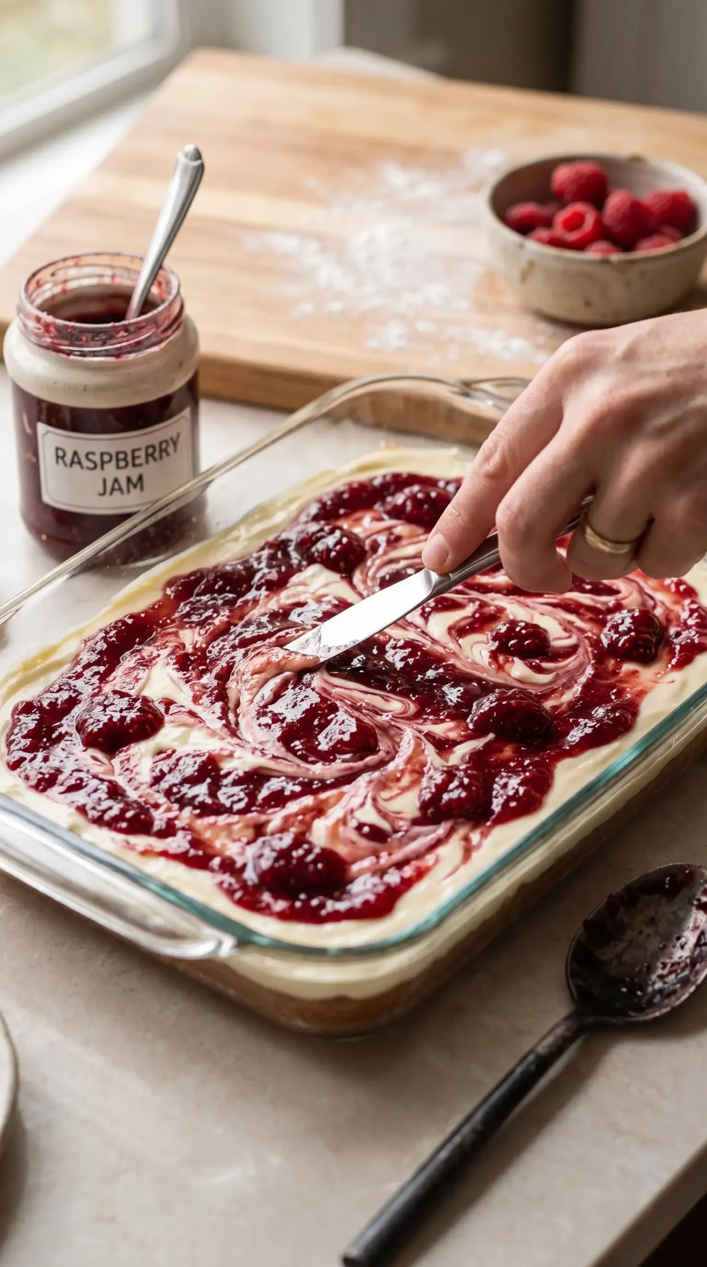Raspberry jam swirled through cream cheese layer in coffee cake batter before baking