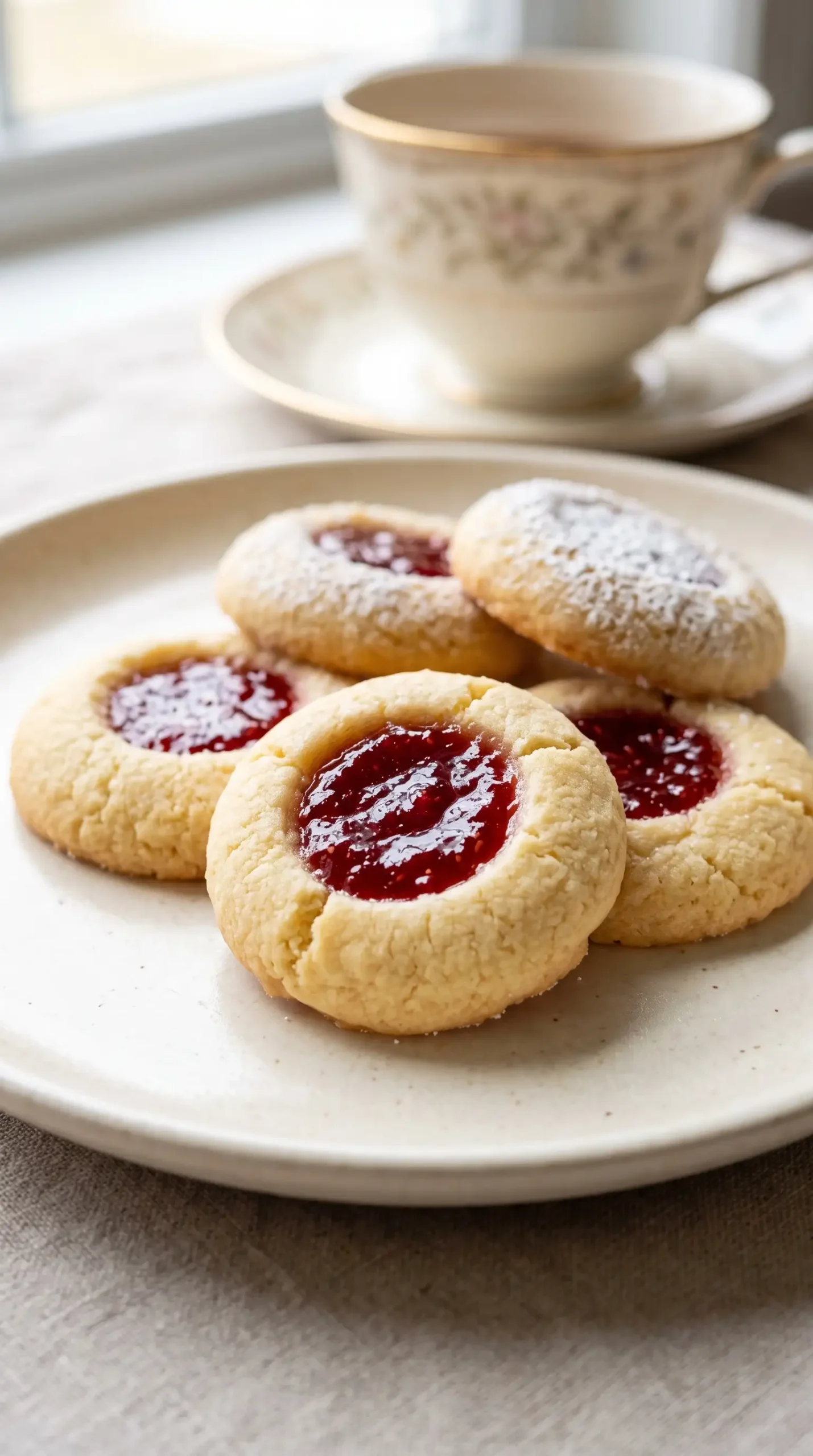 Raspberry thumbprint cookies with jam centers served on a plate