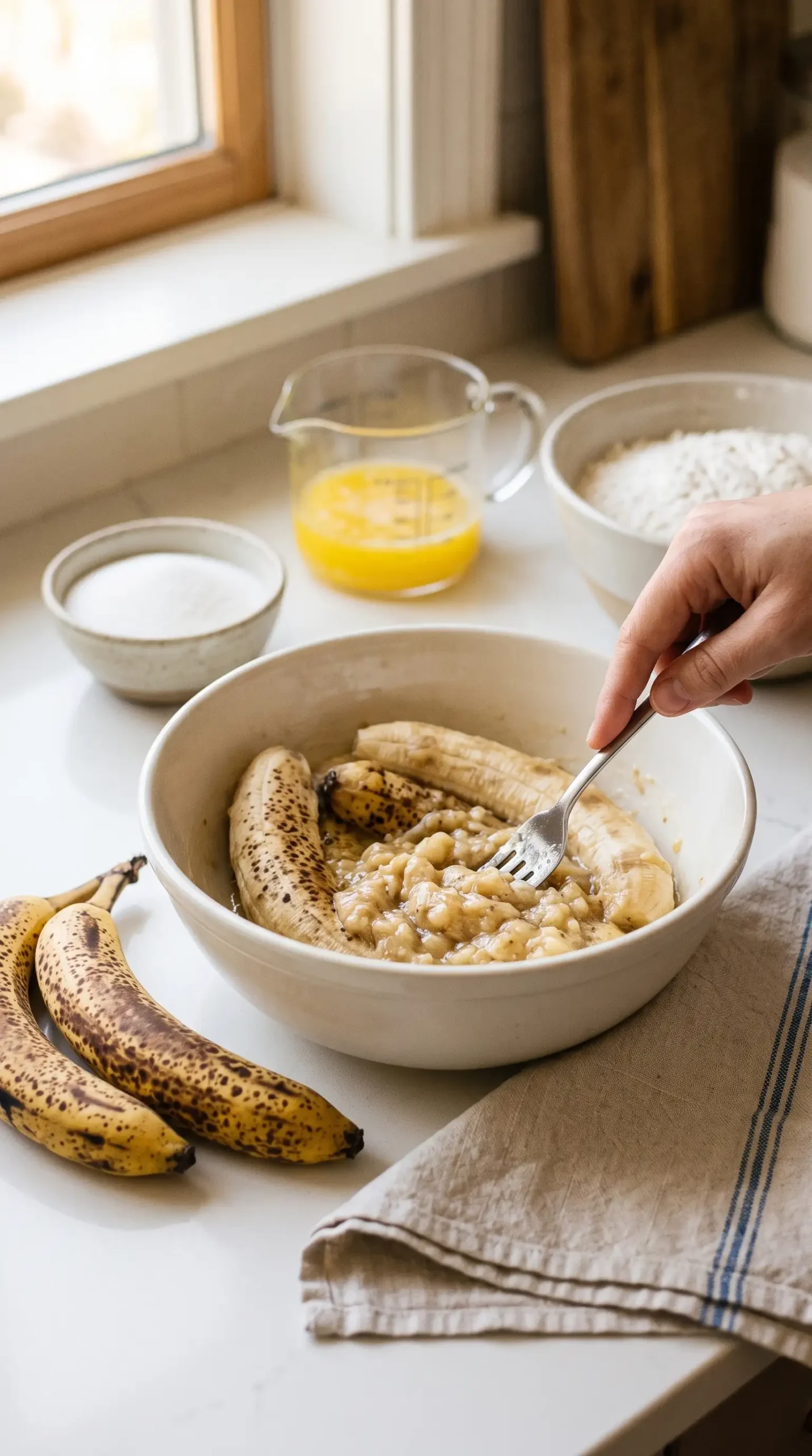 Ripe spotted bananas being mashed for a homemade banana bread loaf