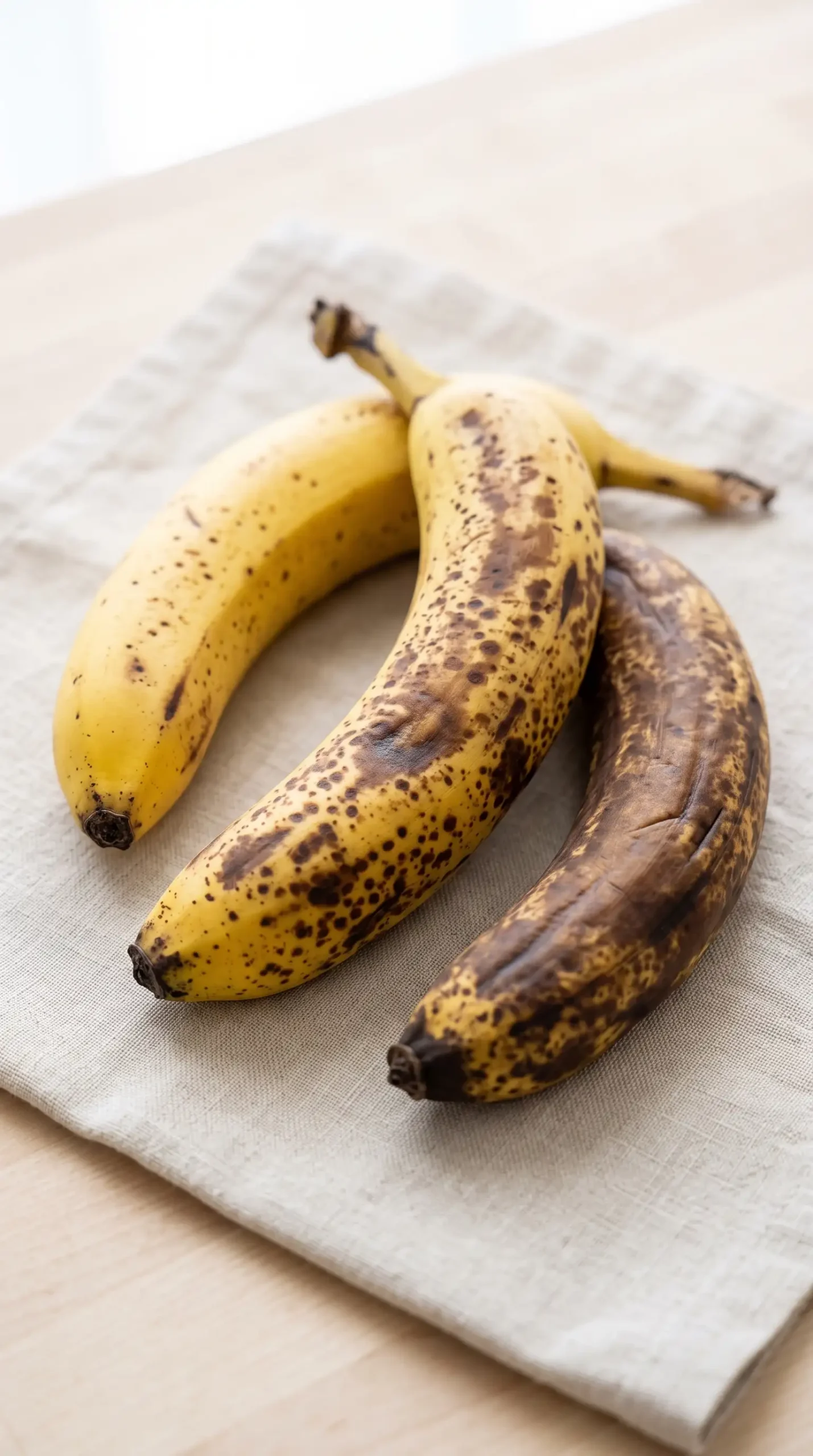 Ripe spotted bananas showing different stages of ripeness for banana bread