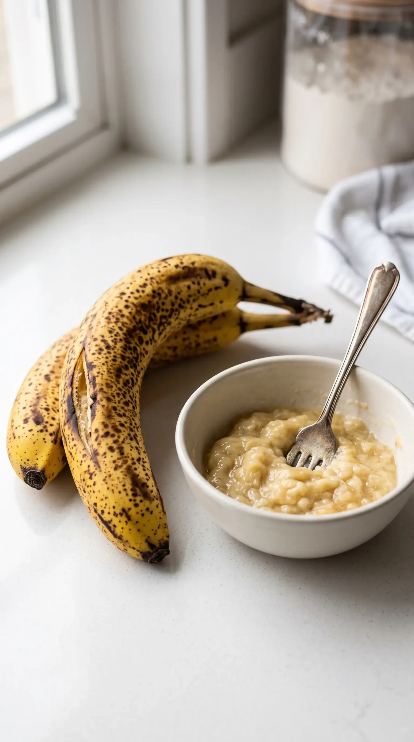 Very ripe bananas with speckled peels beside mashed banana for baking